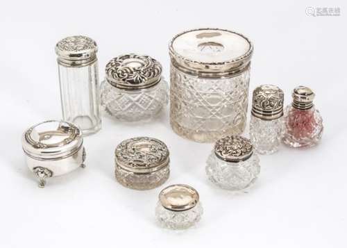 Eight Victorian and later cut glass and silver mounted dressing table items, together with a small