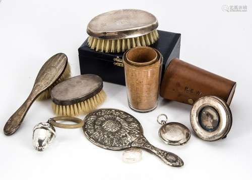 A group of silver and other items, including a clothes brush and comb in box, clothes brush and hair