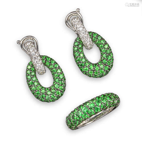 A pair of green garnet and diamond drop earrings