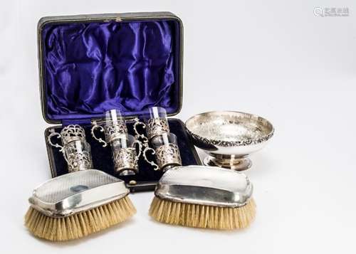 A set of six Edwardian silver miniature liquor glass holders by Martin Hall & Co, in fitted box,