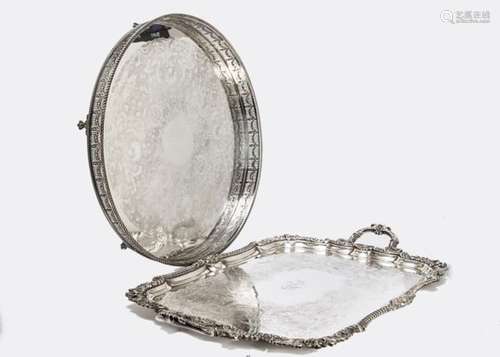 Two large Sheffield plate trays and a punch bowl, one twin handled rectangular, the oval circular,