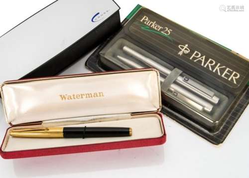 A vintage Waterman fountain pen, with black barrel, 14ct nib and gold plated cap, in box, together