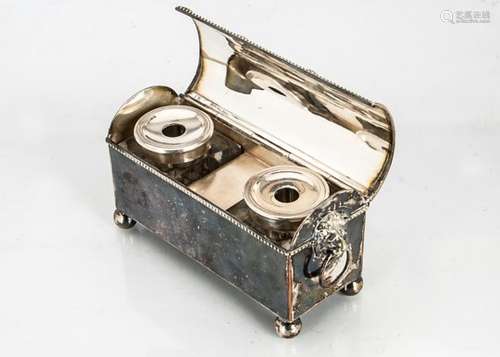 A Victorian Sheffield plate casket desk inkwell, opening to reveal two glass inkwells