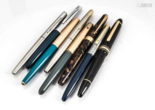 A small group of eight fountain and other pens, including a Mont Blanc fountain pen, a Wyvern de