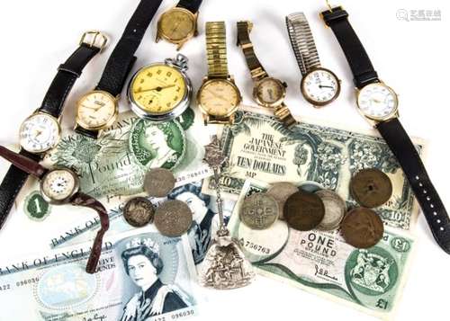 A collection of watches and other items, including a late 1950s 9ct gold cased Accurist, a 9ct