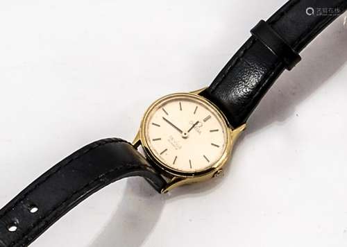 A c1980s Omega De Ville quartz gold cased lady's wristwatch, 23mm oval case, lacks winder, on