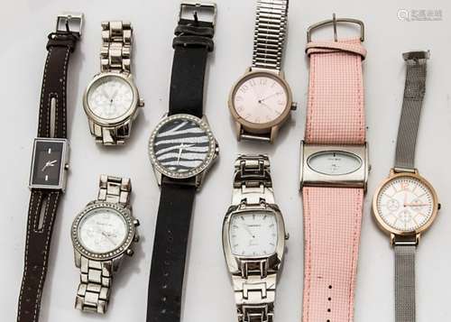 A large collection of ladies fashion watches, together with three novelty small clocks