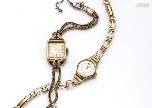 Two vintage 9ct gold cased lady's wristwatches, both on rolled gold bracelets (2)