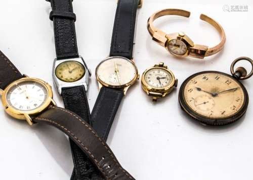 A group of six watches, including a gents 9ct gold cased Lanco on black leather strap, an Art Deco