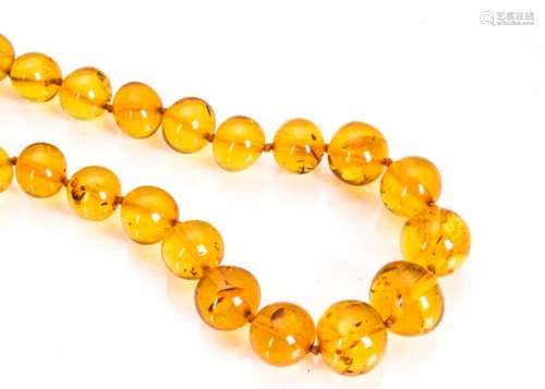 A graduated amber bead necklace, the round, knotted translucent beads having a metal clasp, 53cm