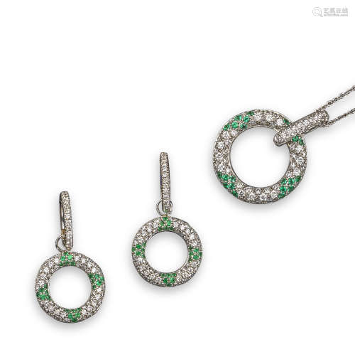 An emerald and diamond suite of jewellery