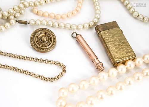 A quantity of various beads, simulated pearls, a gold skinned magic pencil (af), Dunhill lighter and