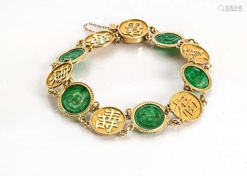 A Chinese 18ct gold jadeite jade bracelet, the circular gold Chinese character links alternately set