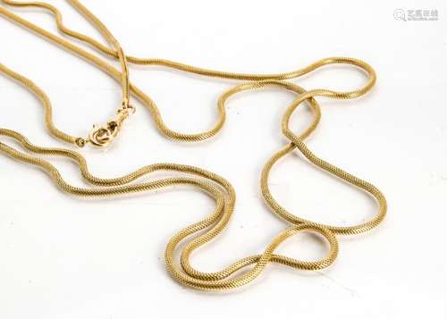 An early 20th Century fine gold muff chain, with snap clasp marked 18K, with some links slightly af,