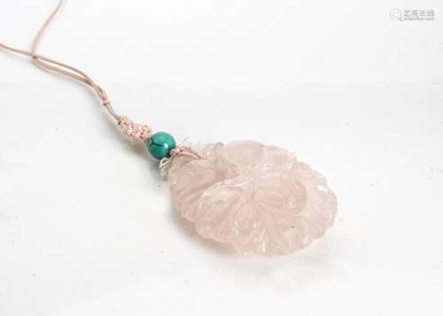 A Chinese rose quartz and turquoise carved pendant, decorated with fruit and gourds, 5.3cm x 3.7cm