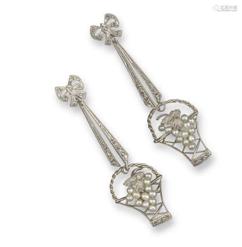 A pair of Edwardian diamond and pearl drop earrings