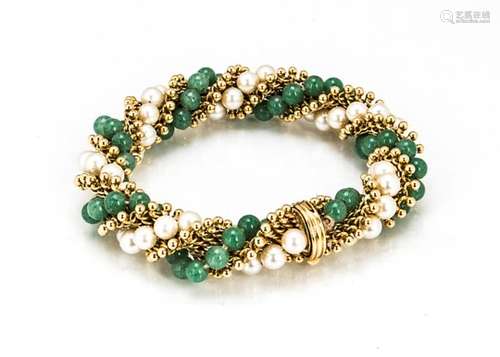 A Van Cleef and Arples 18ct gold pearl, quartzite and gold bracelet, of spiral design, the pearl and