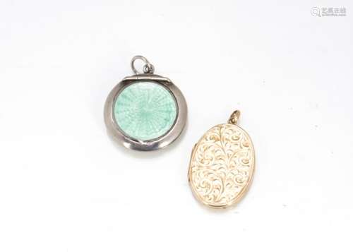 A 9ct gold oval locket with engraved decoration, together with a miniature silver and enamel compact