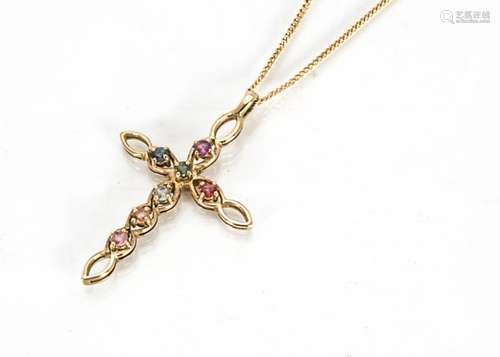 A coloured sapphire 9ct gold cross pendant, the oval linked cross set with various coloured