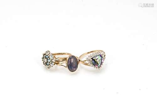 Three 9ct gold dress rings, including a QVC blue and white topaz cluster, ring size P, a mystic