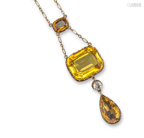 An Edwardian citrine and white sapphire pendant