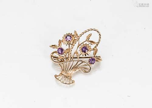 A 9ct gold amethyst basket brooch, the pierced basket of floral design set with four circular cut