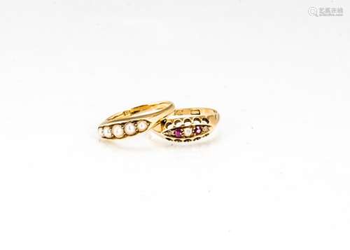 Two 18ct gold Edwardian rings, including a ruby and diamond example, 2.6g, ring size Q and a seed