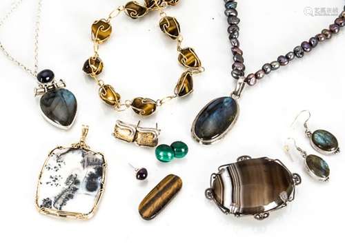 A collection of hardstone silver set jewels, including tiger's eye, agate, labradorite, and a