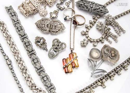 A collection of paste set costume jewellery, including two silver bracelets, a silver citrine