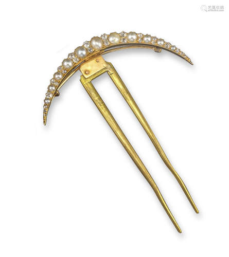 A late Victorian pearl and diamond open crescent brooch