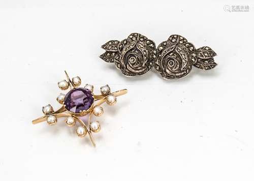 An amethyst and seed pearl gold cruciform brooch, 5.4g together with an Art Deco silver marcasite