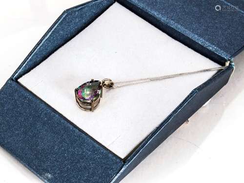 A 9ct gold mystic topaz pendant, the pear cut stone in four claw setting on a fine white metal chain