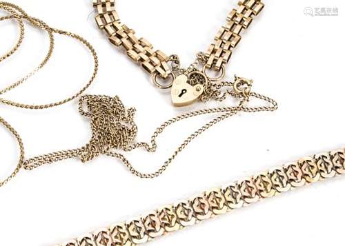 A collection of 9ct gold, including a flattened curb linked necklace with slide clasp, a four link