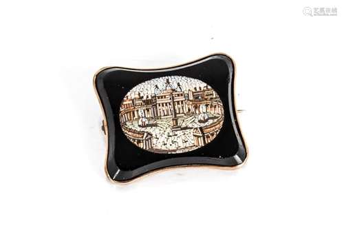 A 19th Century Grand Tour micro mosaic Italian brooch, the gold framed cushion shaped brooch centred