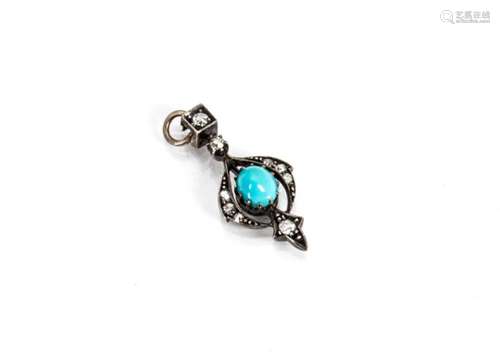 A turquoise and diamond tear shaped drop pendant, the blue claw set cabochon surrounded by old cut