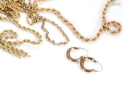 A collection of 9ct gold rope twist and belcher link necklaces, and a pair of earrings, 35g