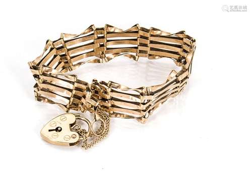 A 9ct gold five bar padlock link bracelet, with safety chain, 10g