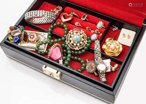 Two boxes of miscellaneous costume jewellery, including brooches, rings, simulated pearls, hardstone