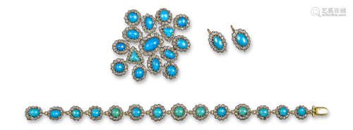An Edwardian turquoise and diamond suite of jewellery