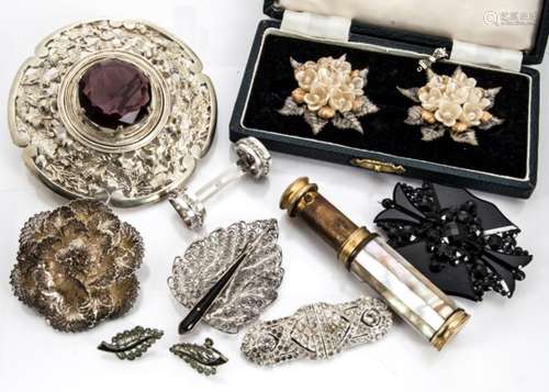 A large collection of costume jewellery, to include Art Deco paste set double clip brooches,