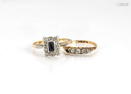 Two 18ct gold gem set rings, comprising a sapphire and diamond tablet example, ring size R and a