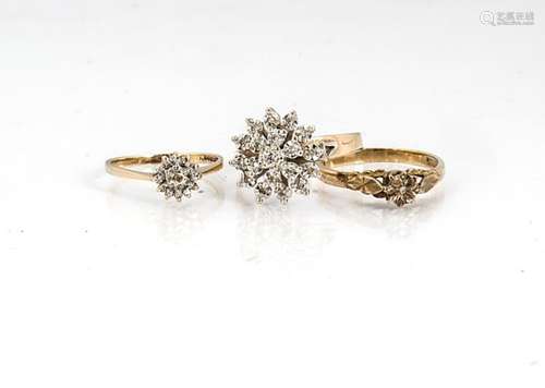 Three 9ct gold diamond dress rings, including two clusters and one illusion set solitaire, ring