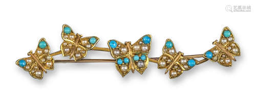 An Edwardian seed pearl and turquoise gold butterfly brooch