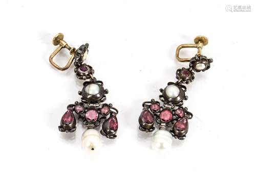 A pair of 17th Century and later garnet, pearl and freshwater pearl chandelier earrings, the foil