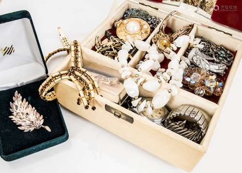 A collection of costume jewellery, including a 9ct gold lady's watch, various necklaces, tiger's eye