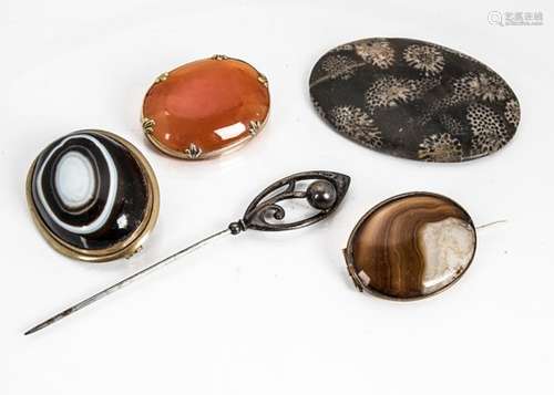 A Charles Horner hat pin, a Georgian cornelian brooch, an agate brooch and other items