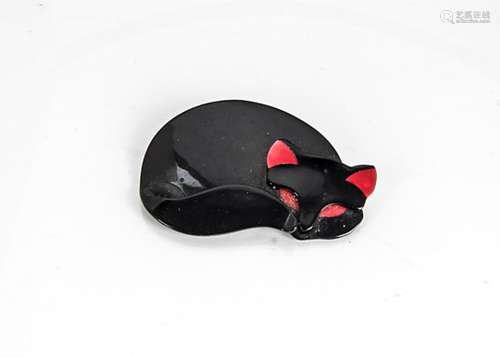 A Lea Stein pussy cat brooch, in black with red ears, 7.5cm x 4.5cm