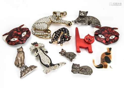 A collection of silver and other metal pussy cat brooches, including two Lea Stein style brooches,