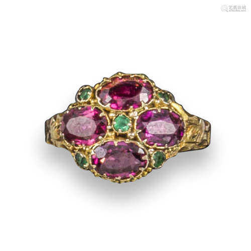 A 19th century garnet and emerald cluster ring