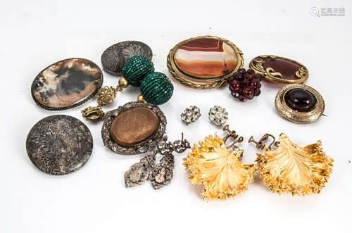 A collection of silver paste and costume jewellery, including a collection of hardstone brooches set